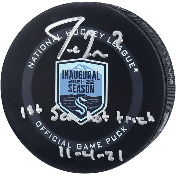 Jordan Eberle Seattle Kraken Autographed Inaugural Season Official Game Puck with "1st Sea Hat Trick 11/4/21" Inscription - Fanatics Authentic Certified
