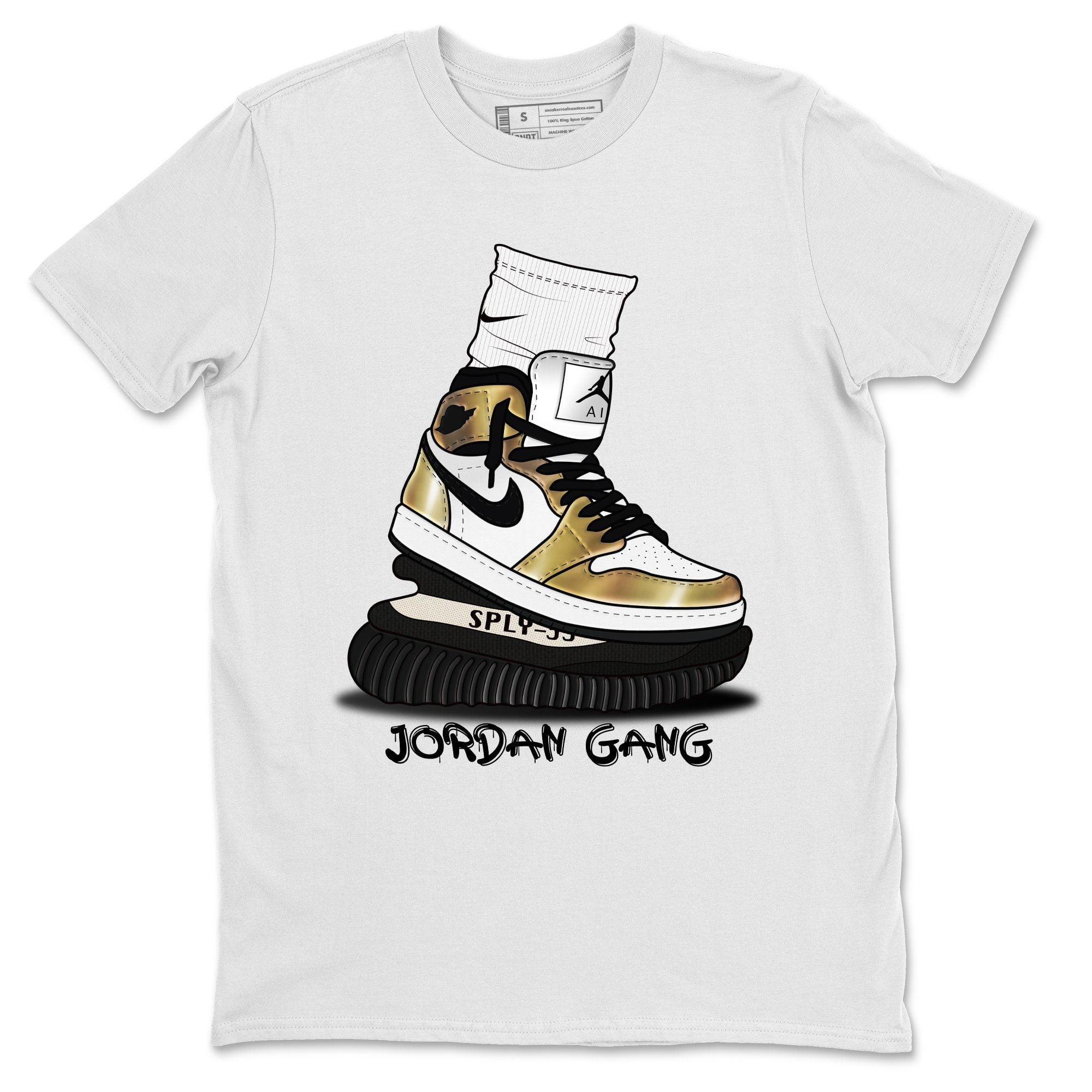 white and gold jordan shirt