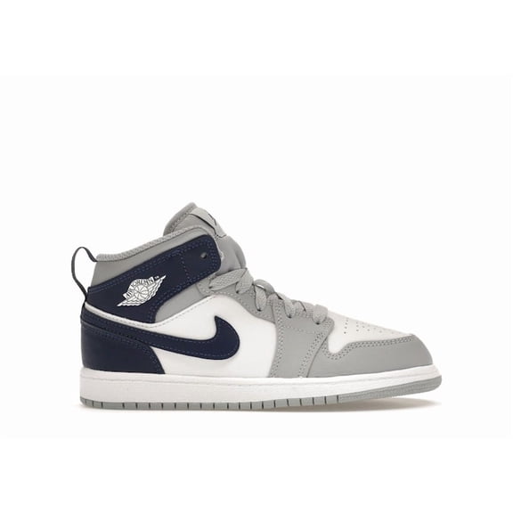 Jordan Kid's 1 Mid Wolf Grey Midnight Navy Shoes, from StockX