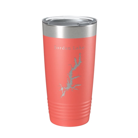 Jordan Lake B. Everett Map Tumbler Travel Mug Insulated Laser Engraved Coffee Cup North Carolina 20 oz Coral