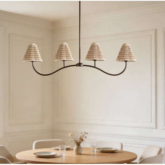 Jordan Linear Floral Pleated Fabric Chandelier – Modern Island Light with Adjustable Height for Kitchen Island, Dining Table, Living Room, Entryway