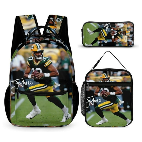 Jordan Love American Football Sports Star Art Wall 3 PC Backpack Set Casual School Bag Daypack with Lunch Bag Outdoor Travel Large Capacity BagsOne Size