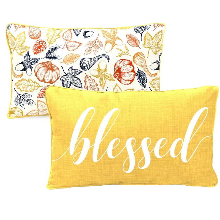 Jordan Manufacturing 12 x 16 Blessed Yellow Novelty and Harvest Cream Novelty Reversible Rectangular Outdoor Lumbar Throw Pillow with Welt Walmart