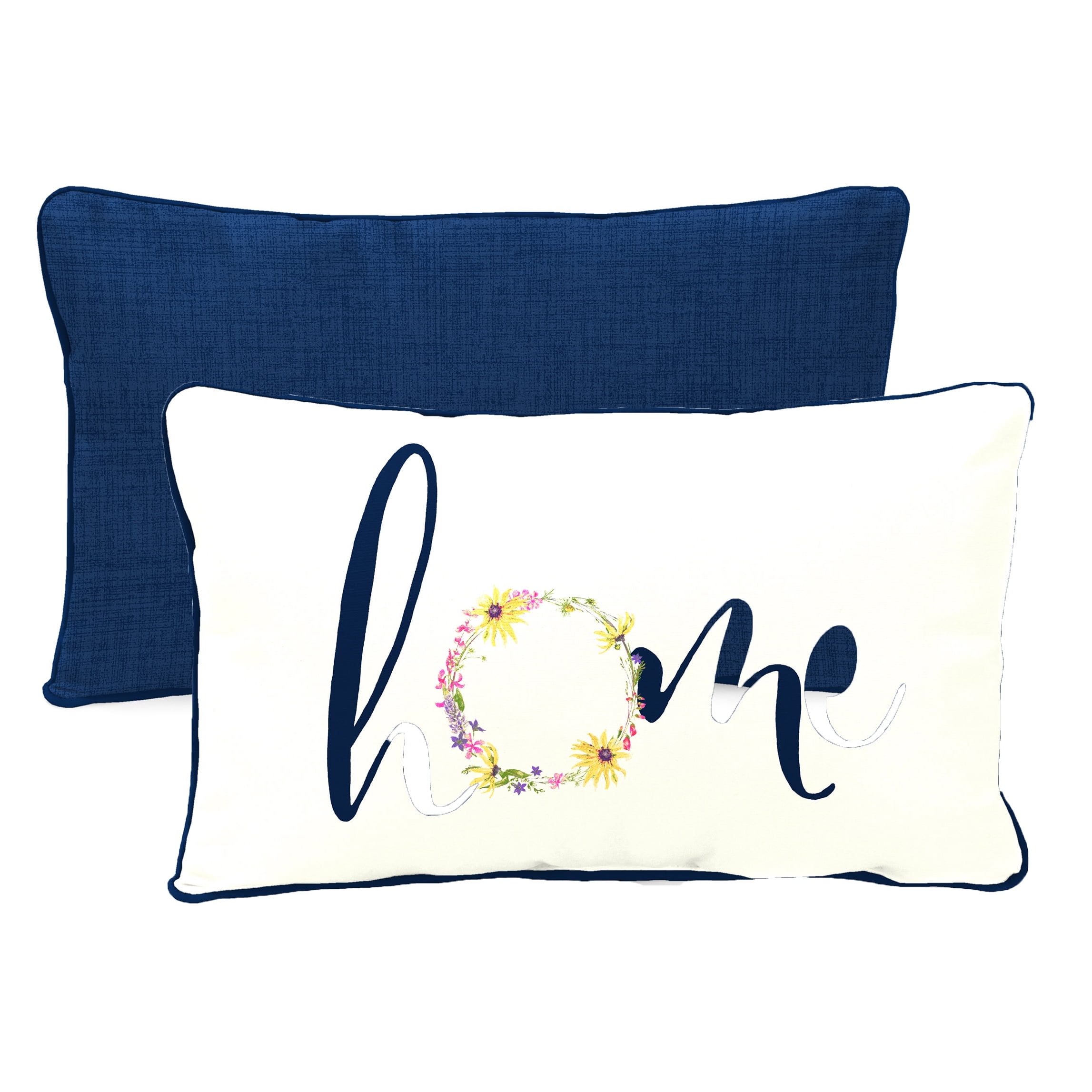Jordan Manufacturing 12 x 16 Home Flower Wreath White Novelty and Navy Solid Reversible Rectangular Outdoor Lumbar Throw Pillow with Welt Walmart