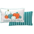 thumbnail image 1 of Jordan Manufacturing 12" x 16" Welcome Patch Pumpkins Gray Novelty and Teal Checker Stripe Rectangular Outdoor Lumbar Throw Pillow with Welt (2 Pack), 1 of 9