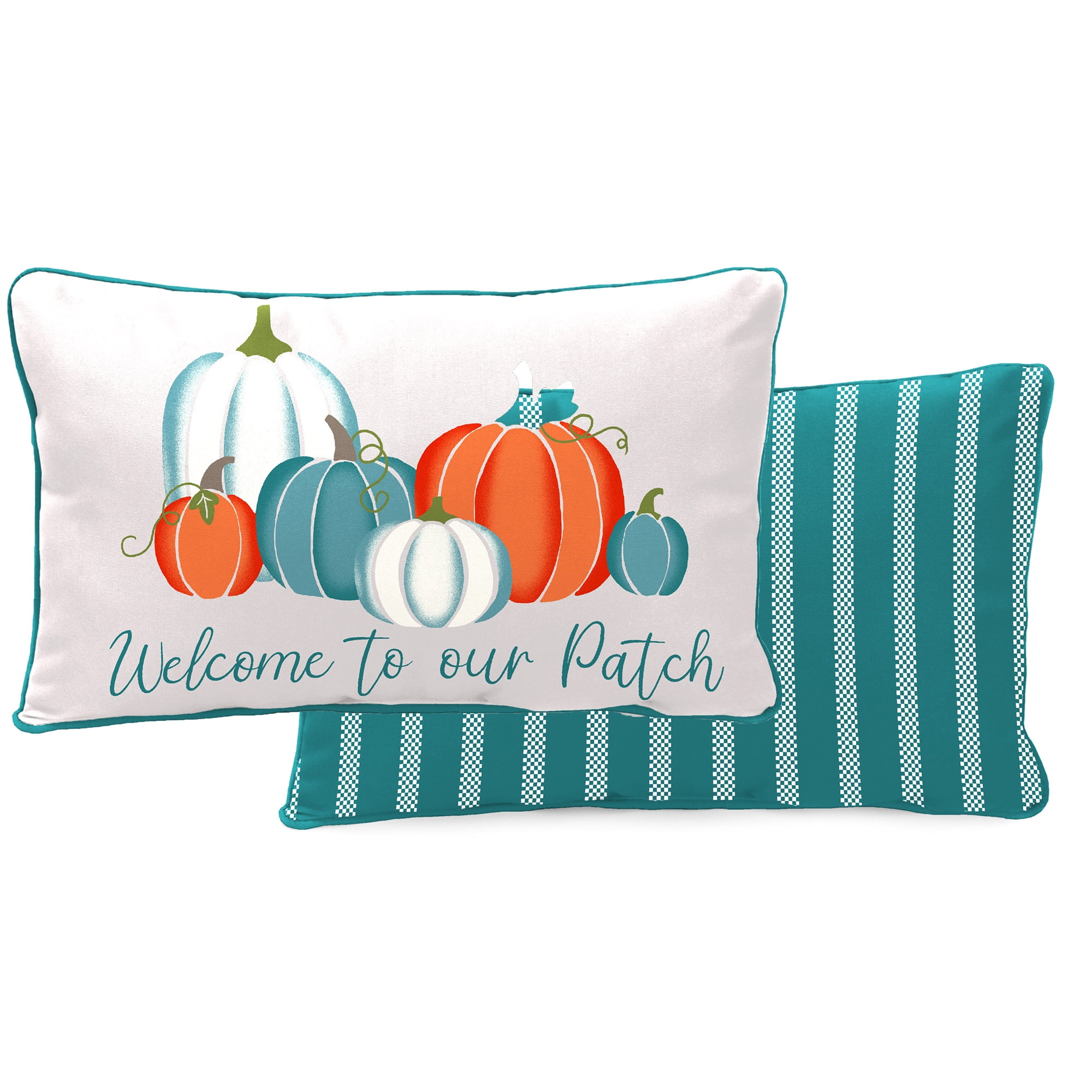 Jordan Manufacturing 12" x 16" Welcome to Our Patch Cream Novelty and Teal Stripe Reversible Rectangular Outdoor Lumbar Throw Pillow with Welt