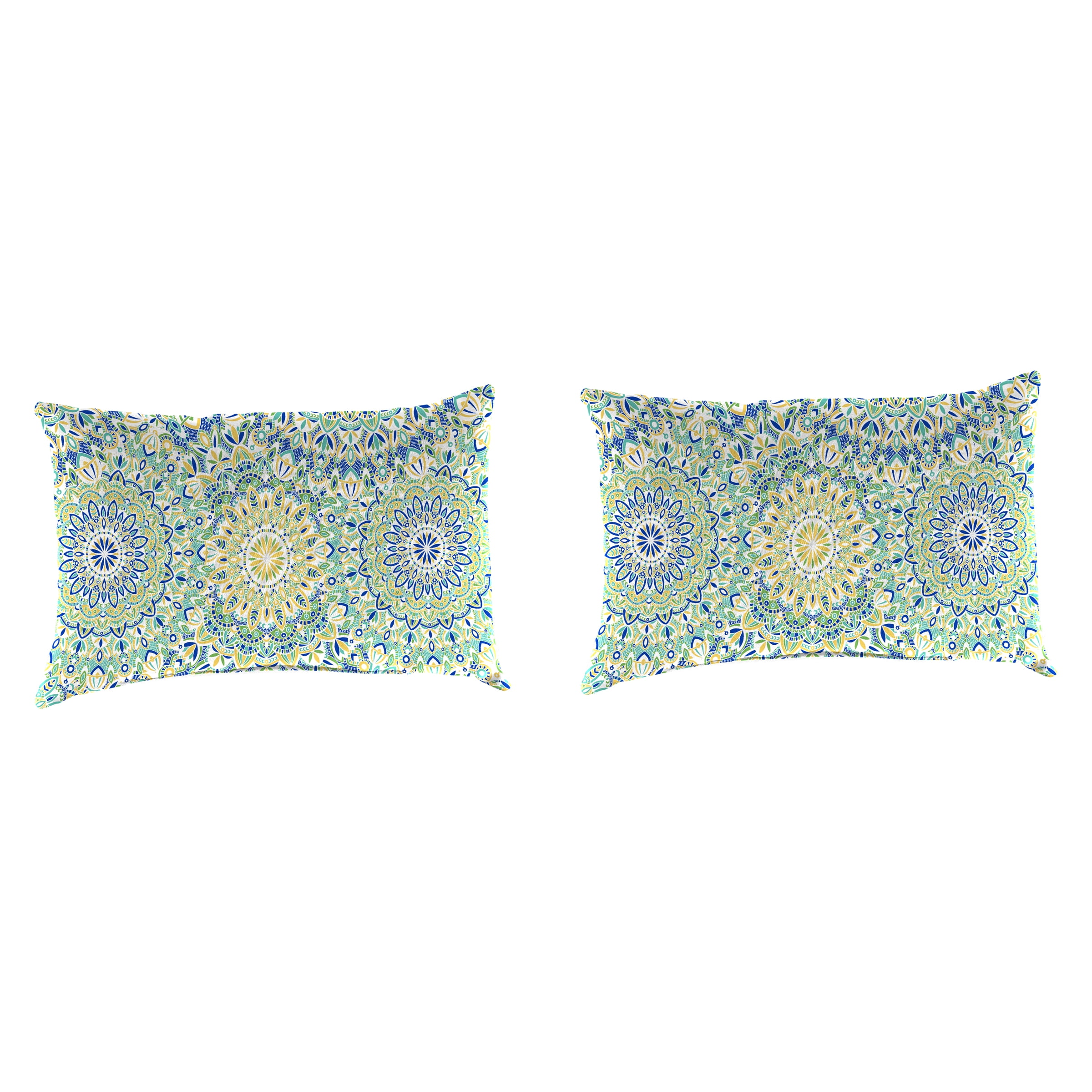 Jordan Manufacturing 12" x 18" Alonzo Fresco Blue and Green Medallion Rectangular Outdoor Lumbar Throw Pillow (2 Pack)