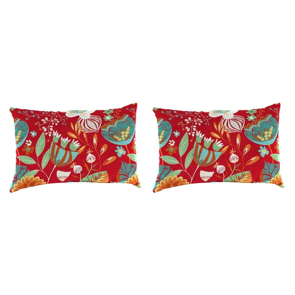 Jordan Manufacturing 12" x 18" Avianna Saxony Red Floral Rectangular Outdoor Lumbar Throw Pillow (2 Pack)