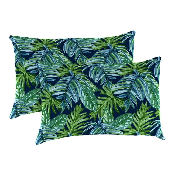 Jordan Manufacturing 12" x 18" Fulton Parisian Blue Leaves Rectangular Outdoor Lumbar Throw Pillow (2 Pack)