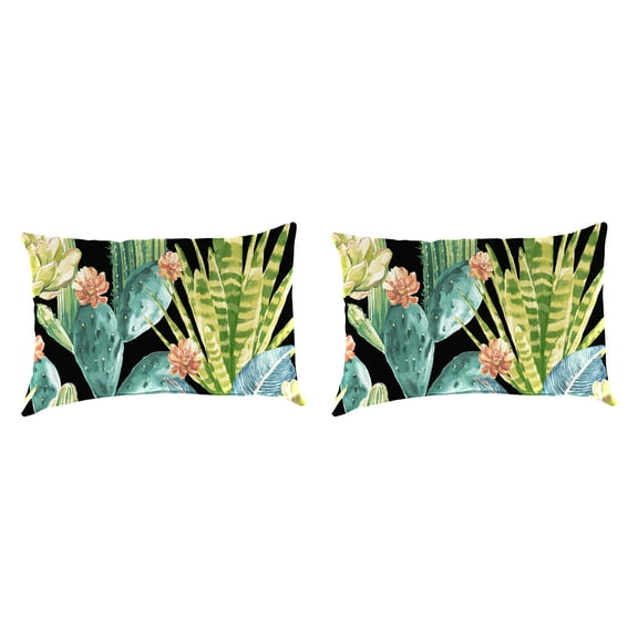 Jordan Manufacturing 12" x 18" Hatteras Ebony Black Floral Rectangular Outdoor Lumbar Throw Pillow (2 Pack)