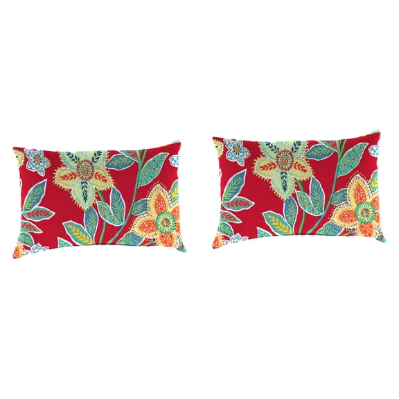 Jordan Manufacturing 12" x 18" Leathra Red Floral Rectangular Outdoor Lumbar Throw Pillow (2 Pack)