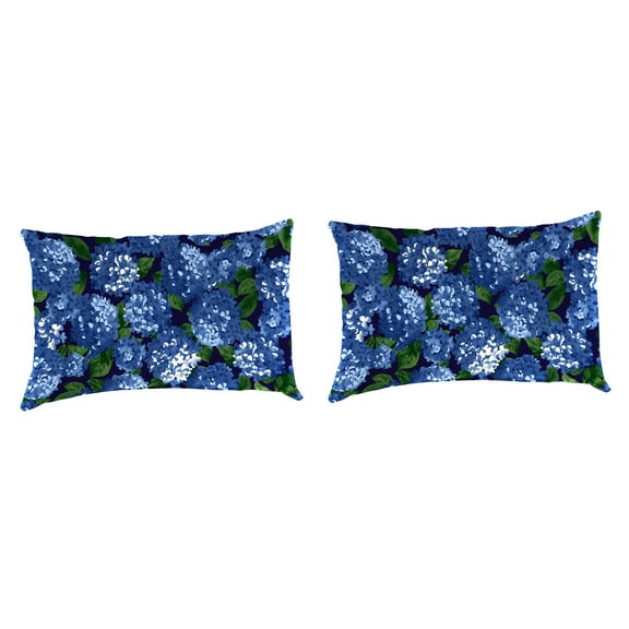 Jordan Manufacturing 12" x 19" Hydrangea Midnight Navy Floral Rectangular Outdoor Lumbar Throw Pillow (2 Pack)