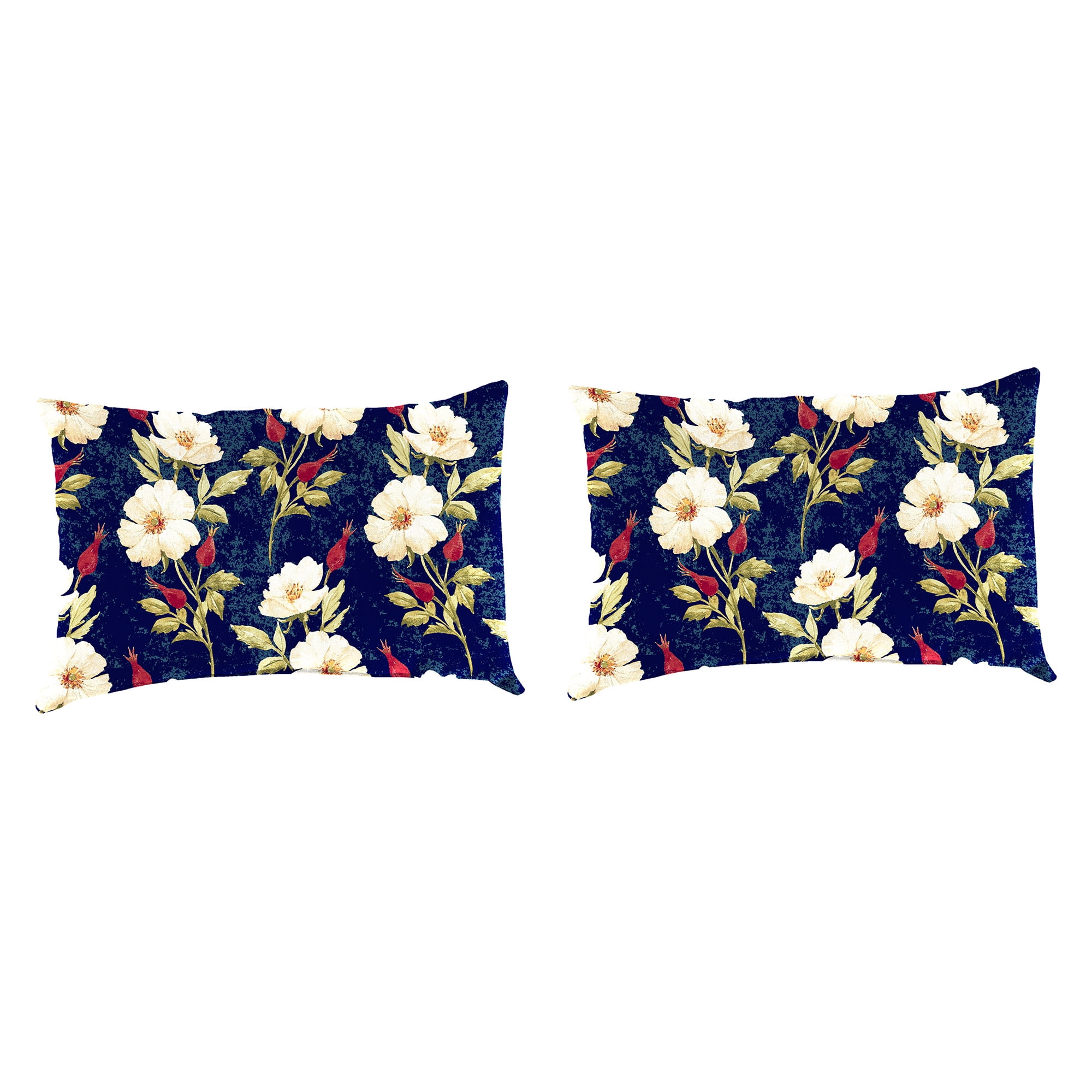 Jordan Manufacturing 12" x 19" Rose Garden Navy Floral Rectangular Outdoor Lumbar Throw Pillow (2 Pack)