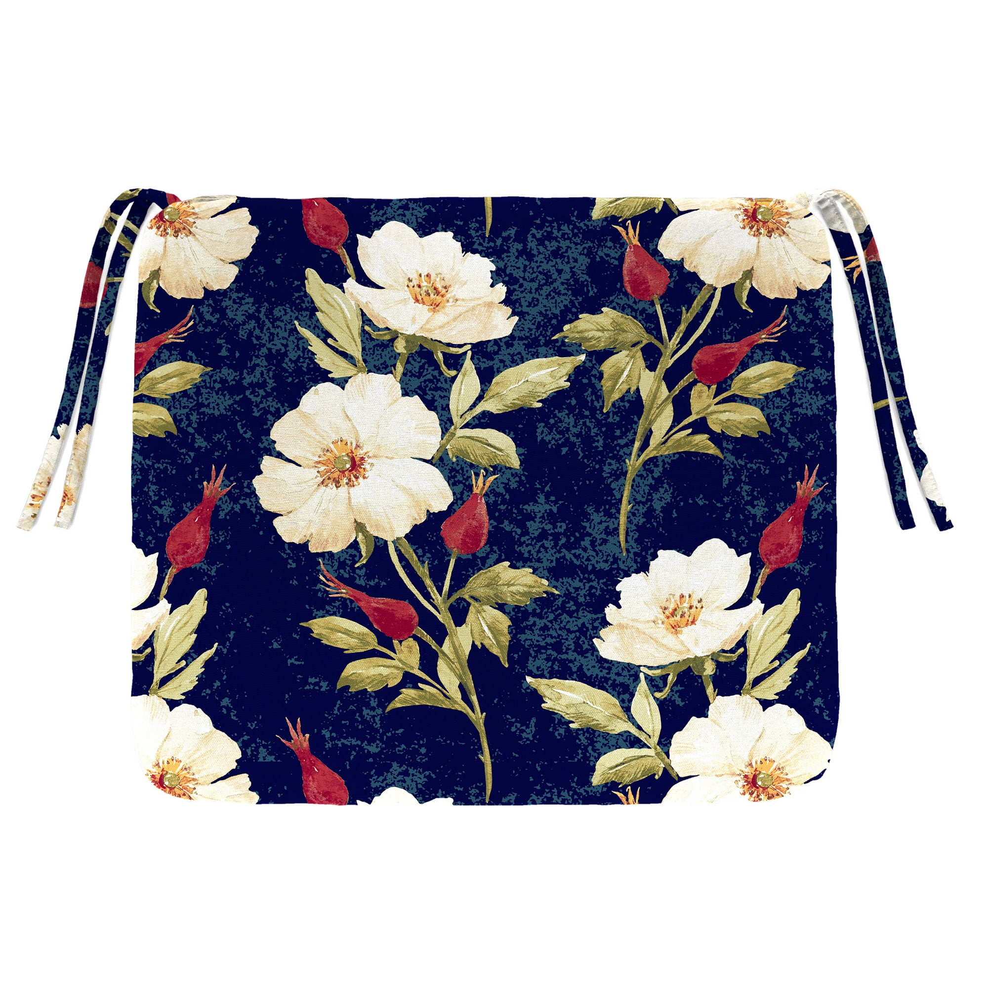 Jordan Manufacturing 16.5" x 18.5" Rose Garden Navy Floral Rectangular Outdoor Chair Pad Seat Cushion with Ties