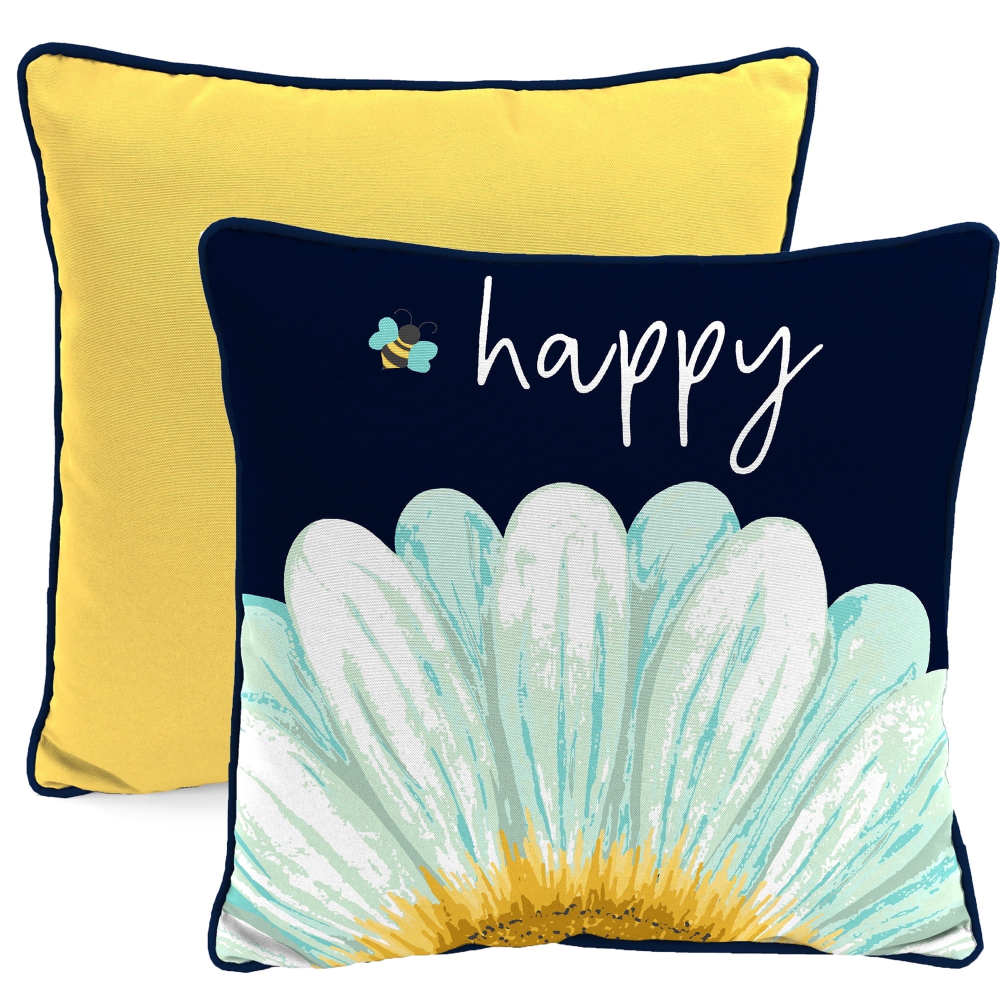 Jordan Manufacturing 16" x 16" Bee Happy Daisy Navy Novelty and Yellow Solid Reversible Square Outdoor Throw Pillow with Welt (2 Pack)