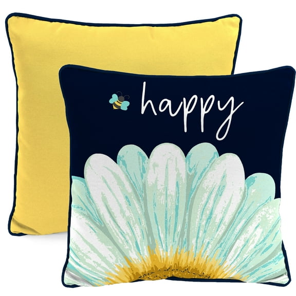 Jordan Manufacturing 16" x 16" Bee Happy Daisy Navy Novelty and Yellow Solid Reversible Square Outdoor Throw Pillow with Welt