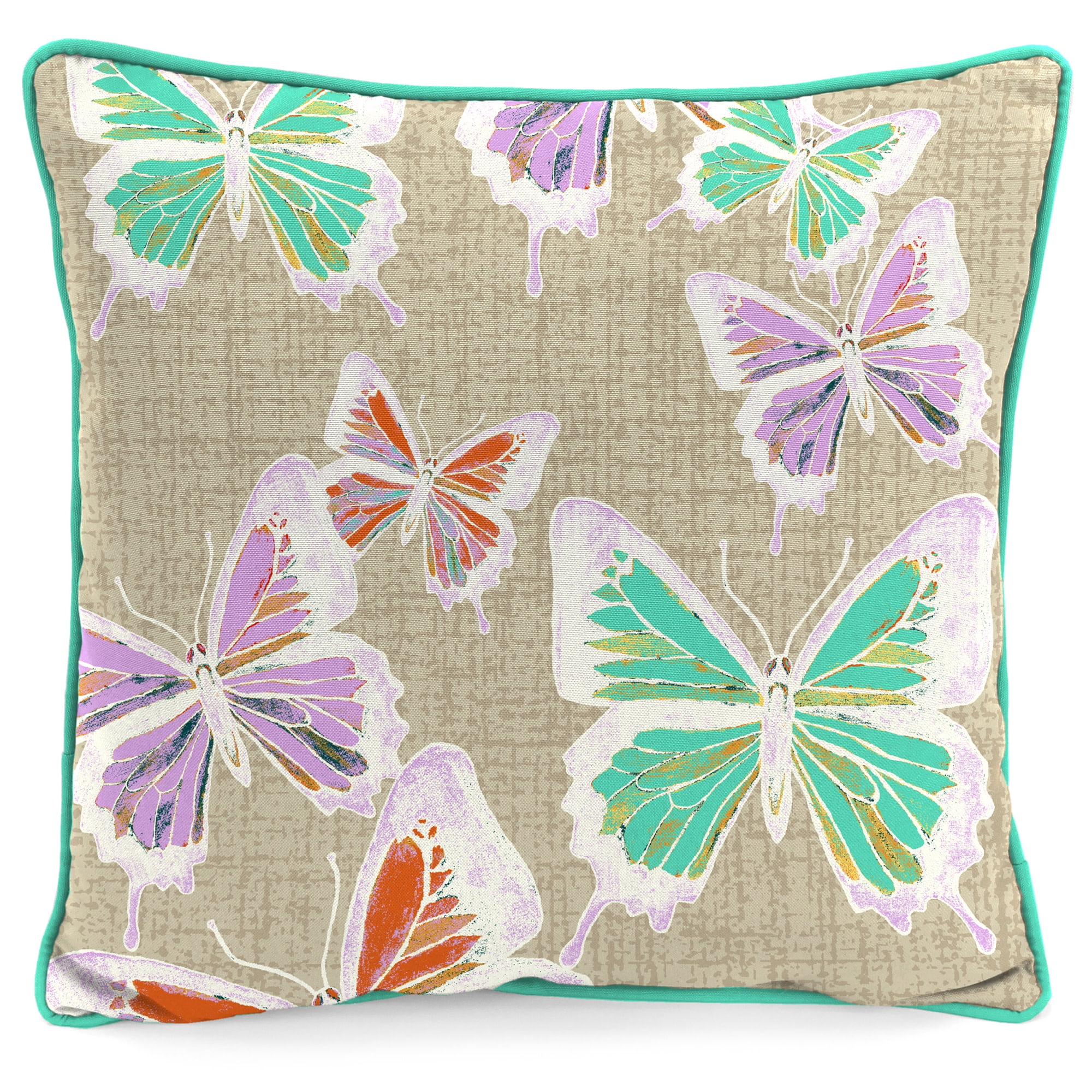 Jordan Manufacturing 16" x 16" Beige and Turquoise Butterfly Reversible Square Outdoor Throw Pillow with Welt