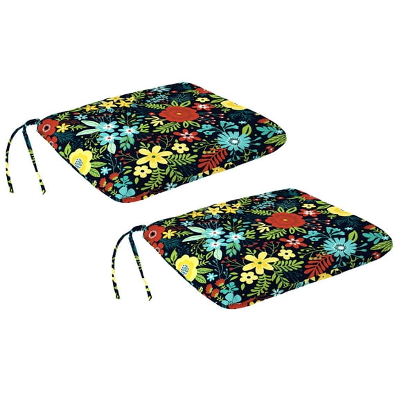 Jordan Manufacturing 16" x 16" Black Floral Square Outdoor Chair Pad Seat Cushion with Ties (2 Pack)
