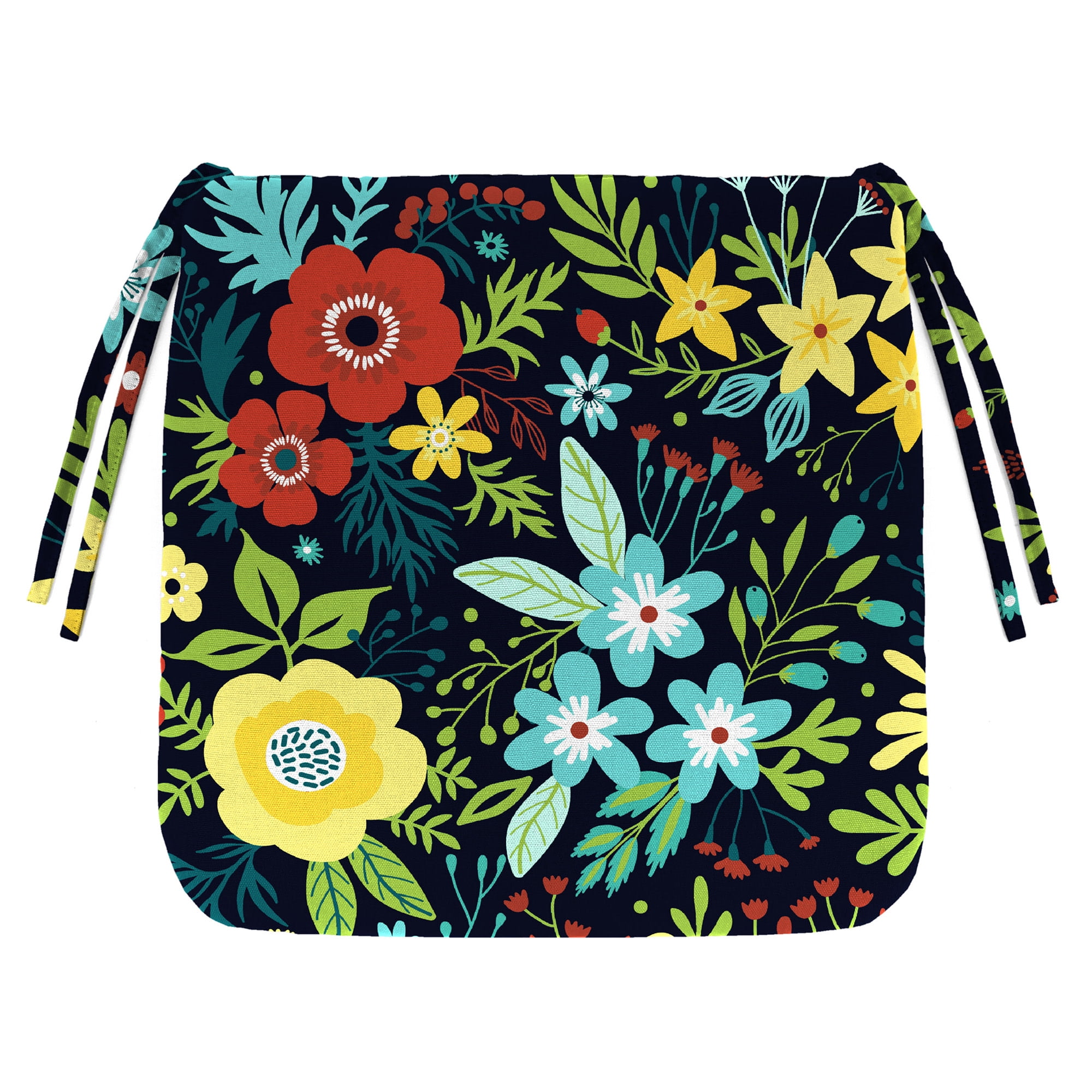 Jordan Manufacturing 16" x 16" Black Floral Square Outdoor Chair Pad Seat Cushion with Ties