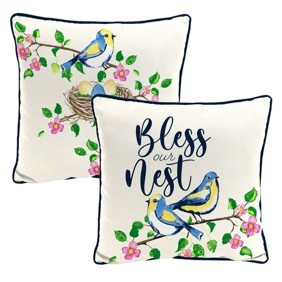 Jordan Manufacturing 16" x 16" Bless This Nest Cream Bird Reversible Square Outdoor Throw Pillow with Welt (2 Pack)