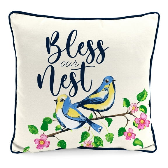 Jordan Manufacturing 16" x 16" Bless This Nest Cream Bird Reversible Square Outdoor Throw Pillow with Welt