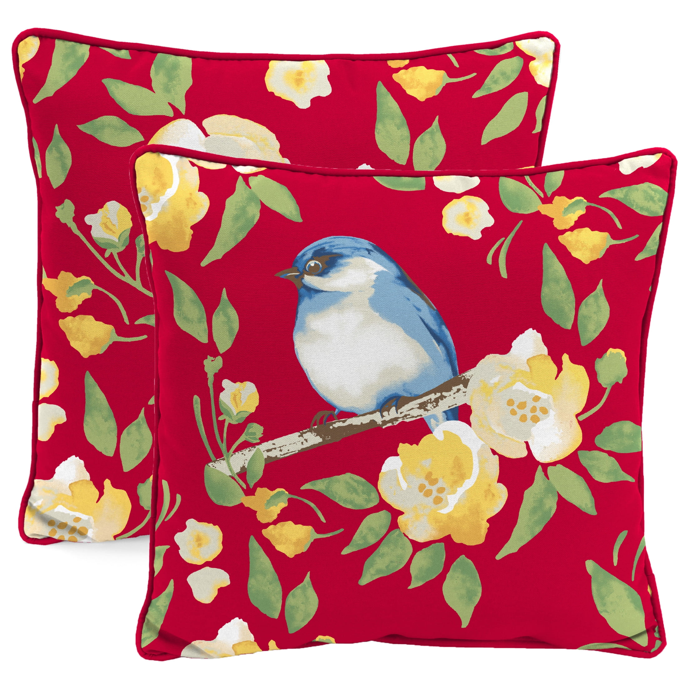 Red and Bluebird Floral Reversible Square Outdoor Throw Pillow Set