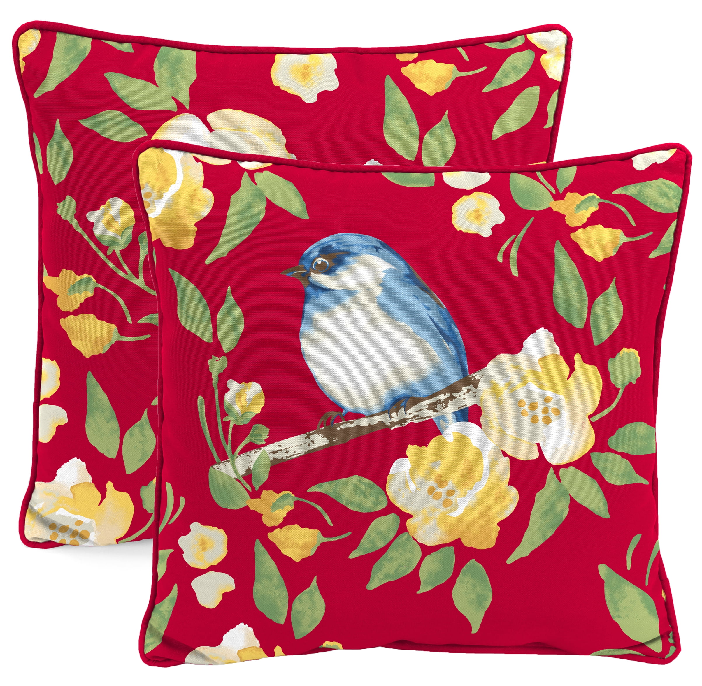 Red and Bluebird Floral Reversible Square Outdoor Throw Pillow Set