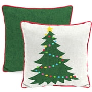 Jordan Manufacturing 16" x 16" Christmas Tree Cream Novelty and Forest Green Solid Reversible Square Outdoor Throw Pillow with Welt (2 Pack)