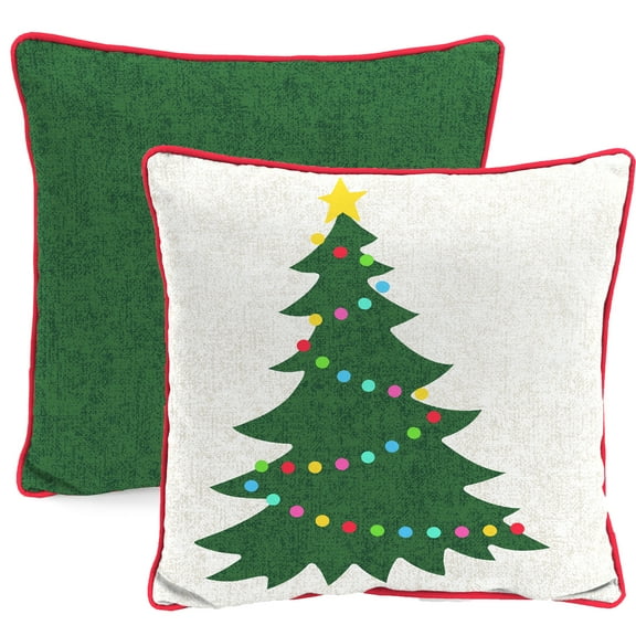 Jordan Manufacturing 16" x 16" Christmas Tree Cream Novelty and Forest Green Solid Reversible Square Outdoor Throw Pillow with Welt (2 Pack)