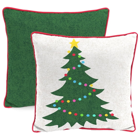 Jordan Manufacturing 16" x 16" Christmas Tree Cream Novelty and Forest Green Solid Reversible Square Outdoor Throw Pillow with Welt