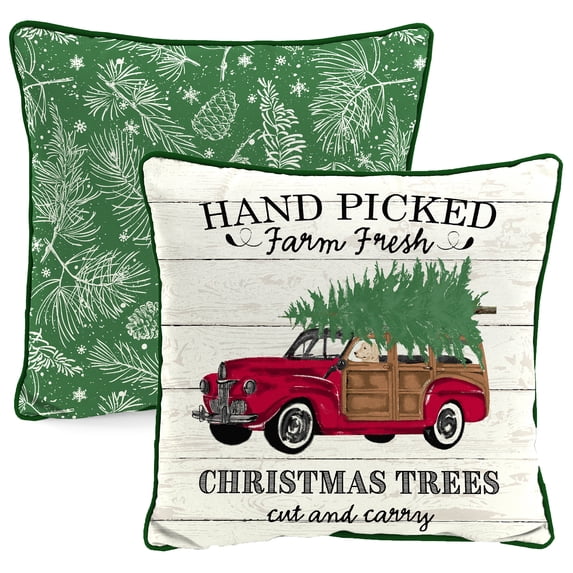 Jordan Manufacturing 16" x 16" Christmas Trees Car Cream Novelty and Green Leaves Reversible Square Outdoor Throw Pillow with Welt (2 Pack)