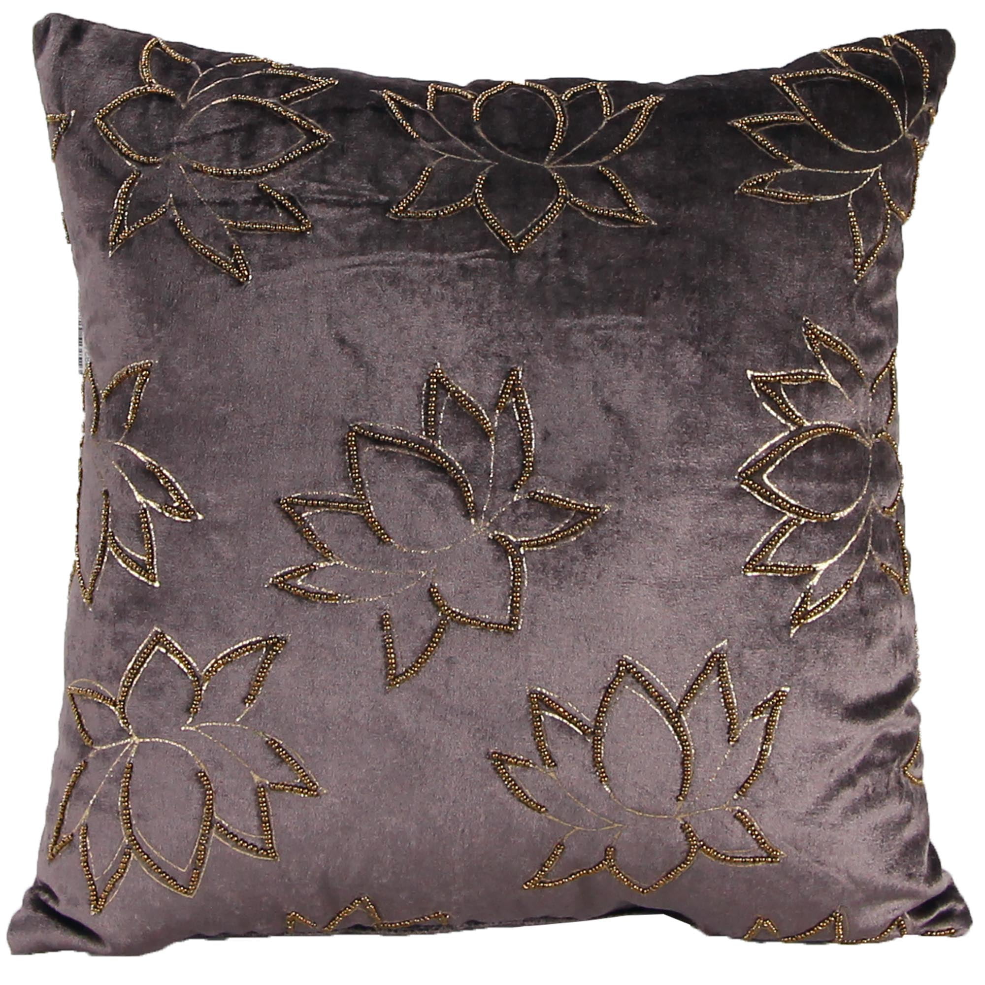 16" Dark Gray and Gold Lotus Beaded Velvet Throw Pillow