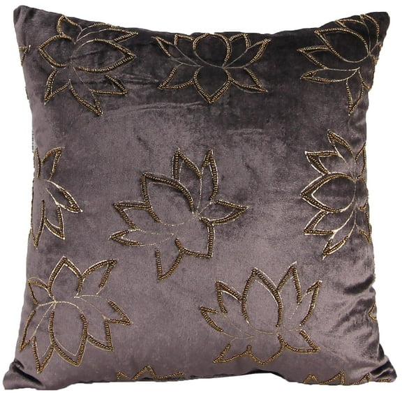 Jordan Manufacturing 16" x 16" Dark Gray and Gold Lotus Floral Square Reversible Decorative Throw Pillow with Bead Accent