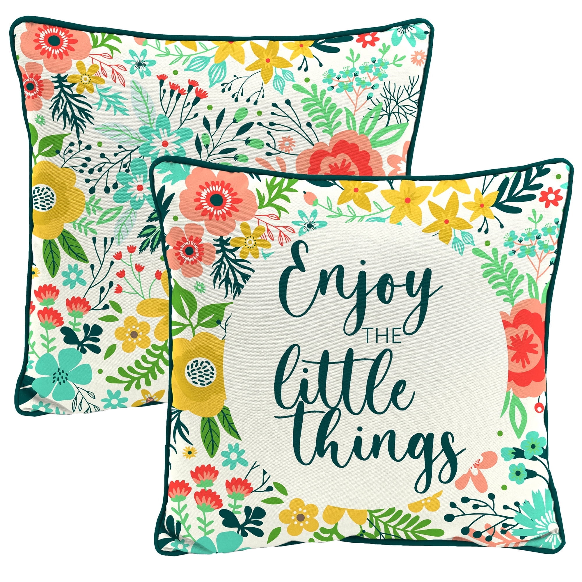 Jordan Manufacturing 16" x 16" Enjoy the Little Things Cream Novelty and Multicolor Floral Reversible Square Outdoor Throw Pillow with Welt (2 Pack)