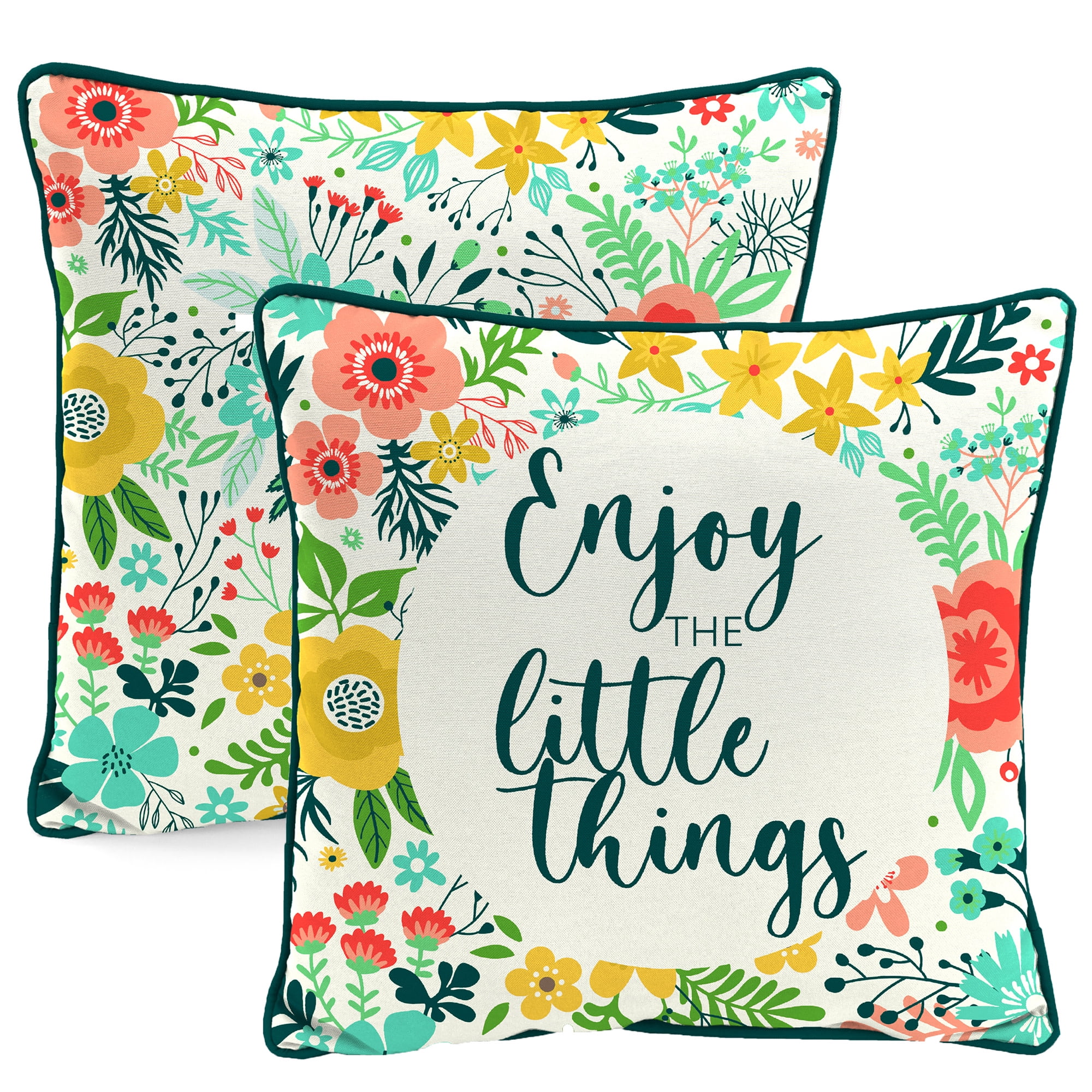 Jordan Manufacturing 16" x 16" Enjoy the Little Things Cream Novelty and Multicolor Floral Reversible Square Outdoor Throw Pillow with Welt