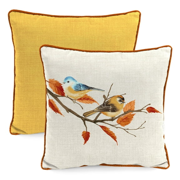 Jordan Manufacturing 16" x 16" Fall Branch Beige Bird and Celosia Ochre Yellow Crosshatch Reversible Square Outdoor Throw Pillow with Welt