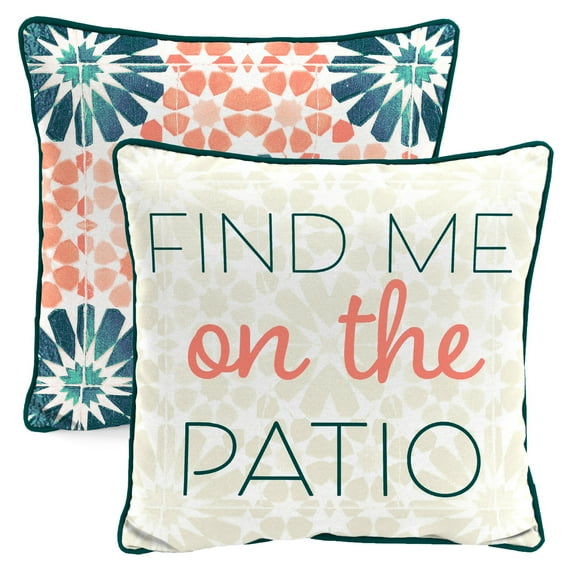Jordan Manufacturing 16" x 16" Find Me on the Patio Natural Novelty and Multicolor Medallion Reversible Square Outdoor Throw Pillow with Welt