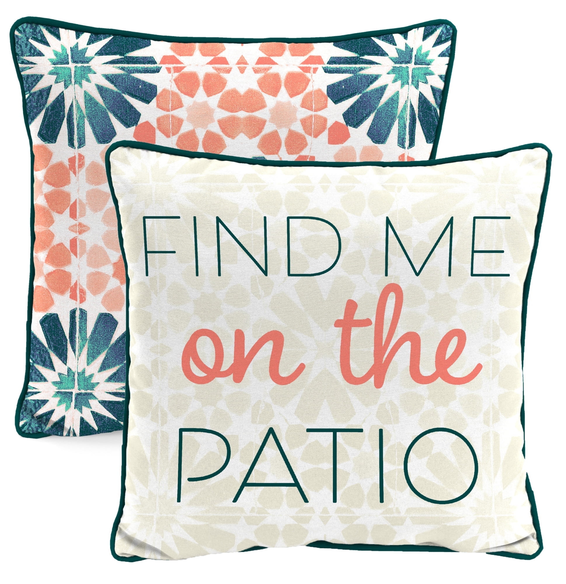 Jordan Manufacturing 16" x 16" Find Me on the Patio Natural Novelty and Multicolor Medallion Reversible Square Outdoor Throw Pillow with Welt (2 Pack)