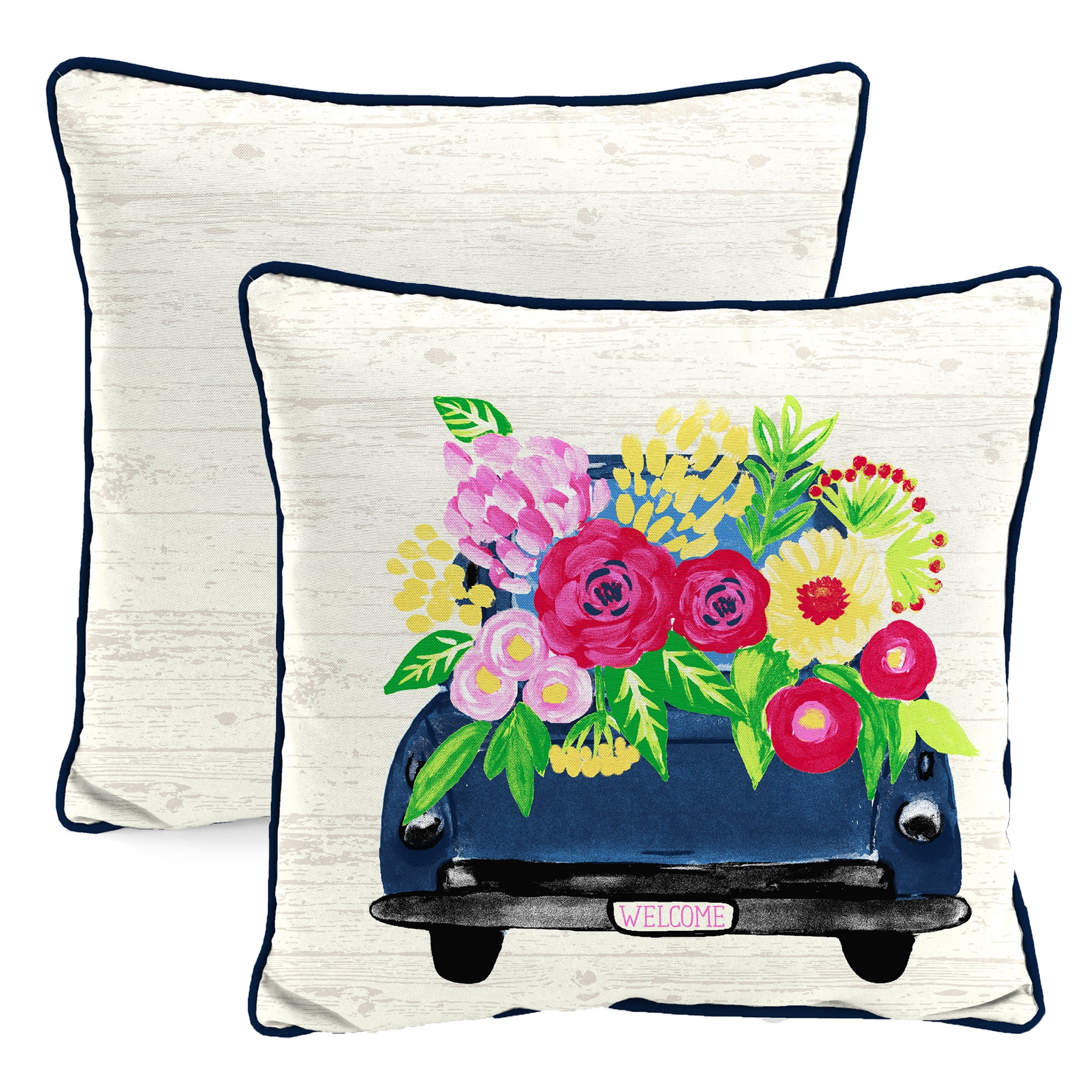 Jordan Manufacturing 16" x 16" Flower Truck Cream and Multicolor Novelty Reversible Square Outdoor Throw Pillow