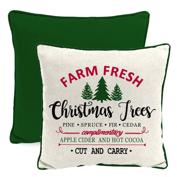 Jordan Manufacturing 16" x 16" Fresh Christmas Trees Cream Novelty and Forest Green Solid Square Outdoor Throw Pillow with Welt