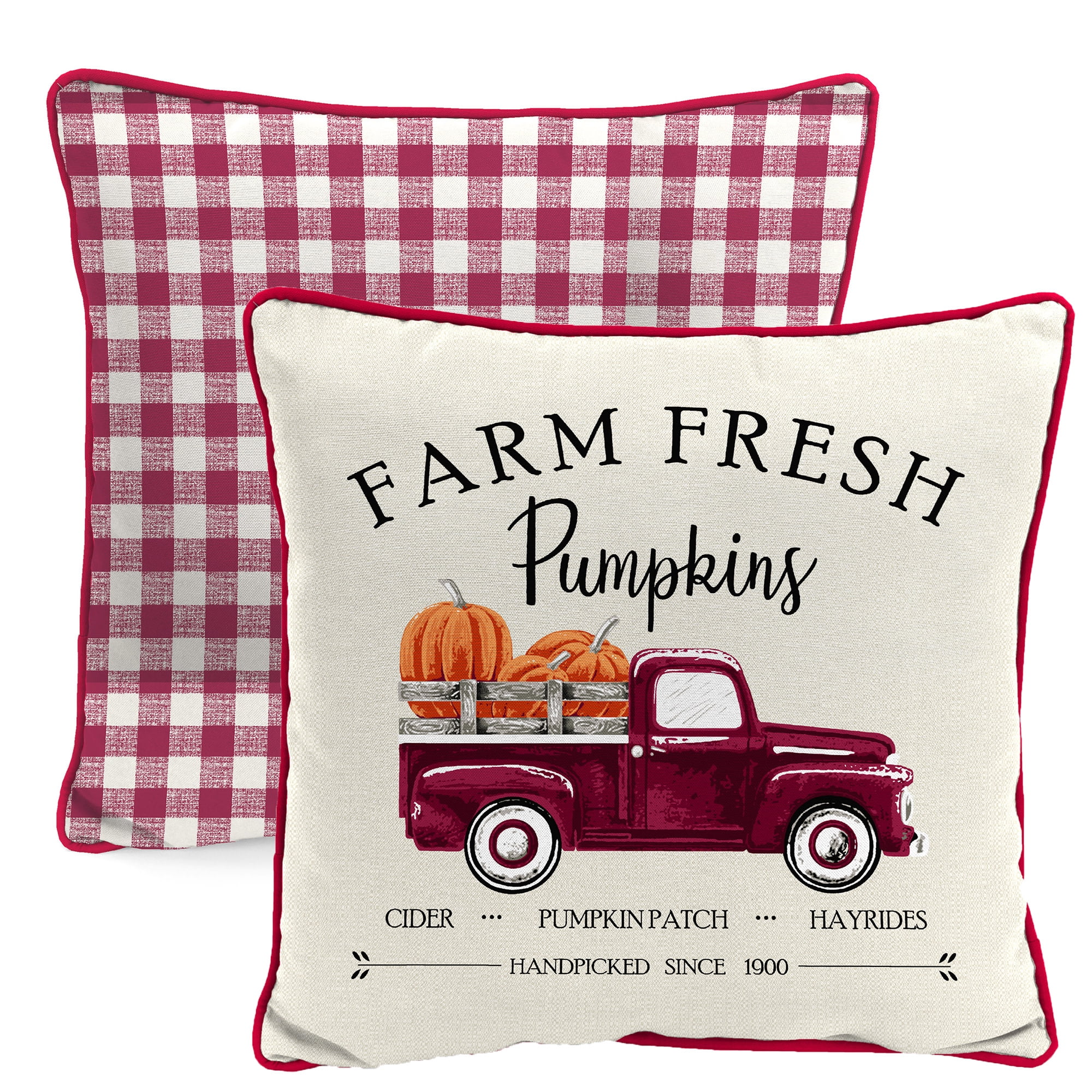 Jordan Manufacturing 16" x 16" Fresh Pumpkins Cream Truck and Merlot Buffalo Check Reversible Square Outdoor Throw Pillow with Welt