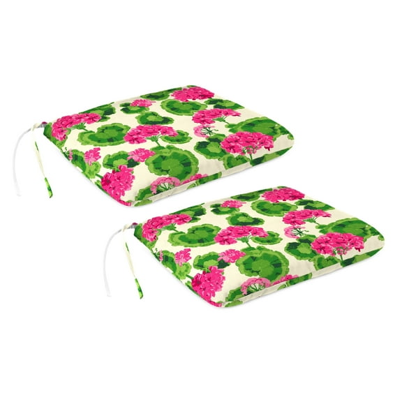 Jordan Manufacturing 16" x 16" Geranium Cream Floral Square Outdoor Chair Pad Seat Cushion with Ties (2 Pack)