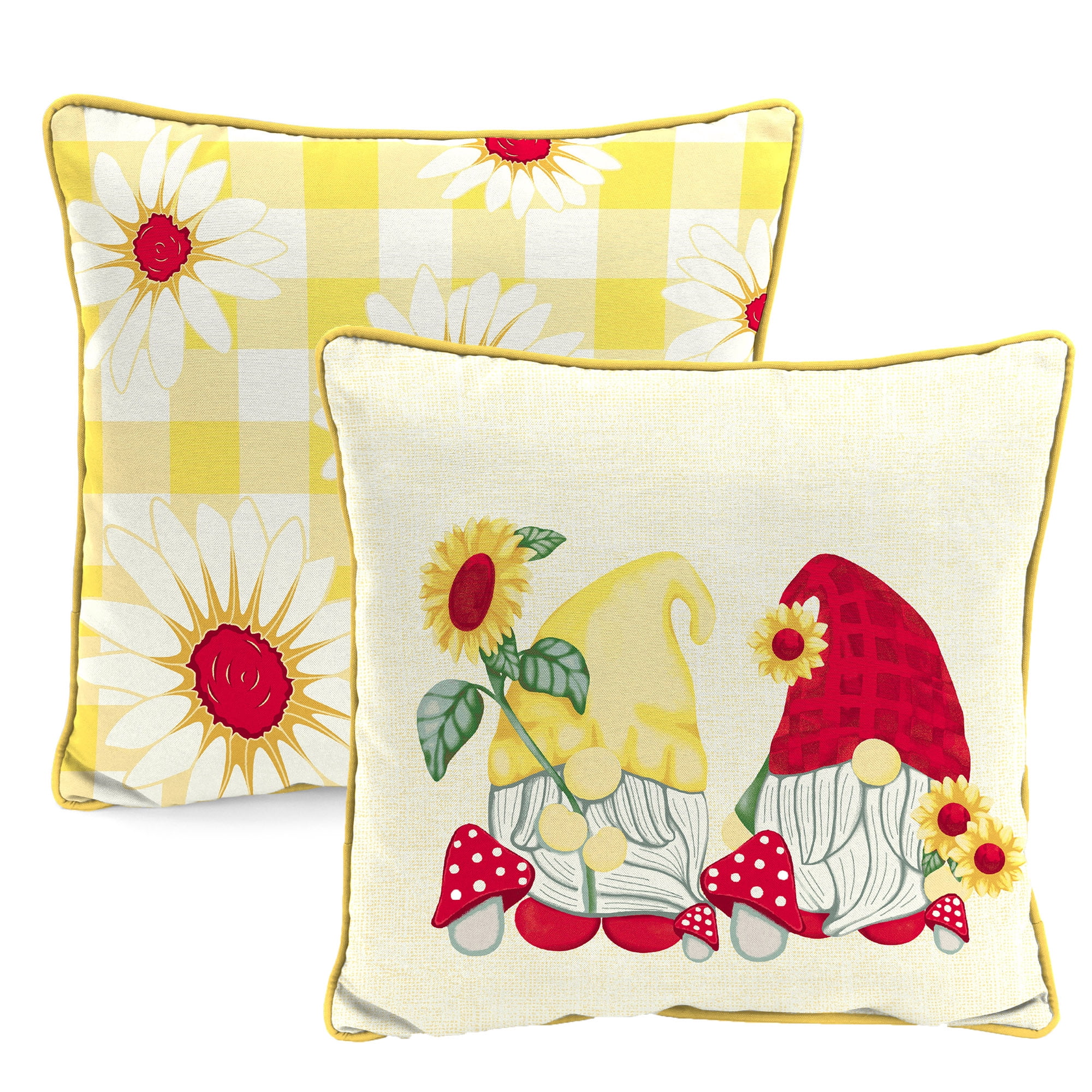 Jordan Manufacturing 16" x 16" Gnome Daisies Red and Yellow Novelty and Floral Reversible Square Outdoor Throw Pillow