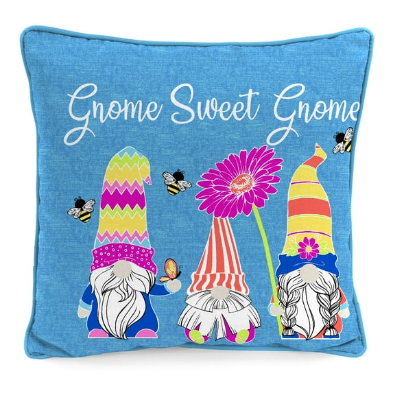 Jordan Manufacturing 16" x 16" Gnome Sweet Gnome Blue Novelty and Multicolor Stripe Reversible Square Outdoor Throw Pillow with Welt