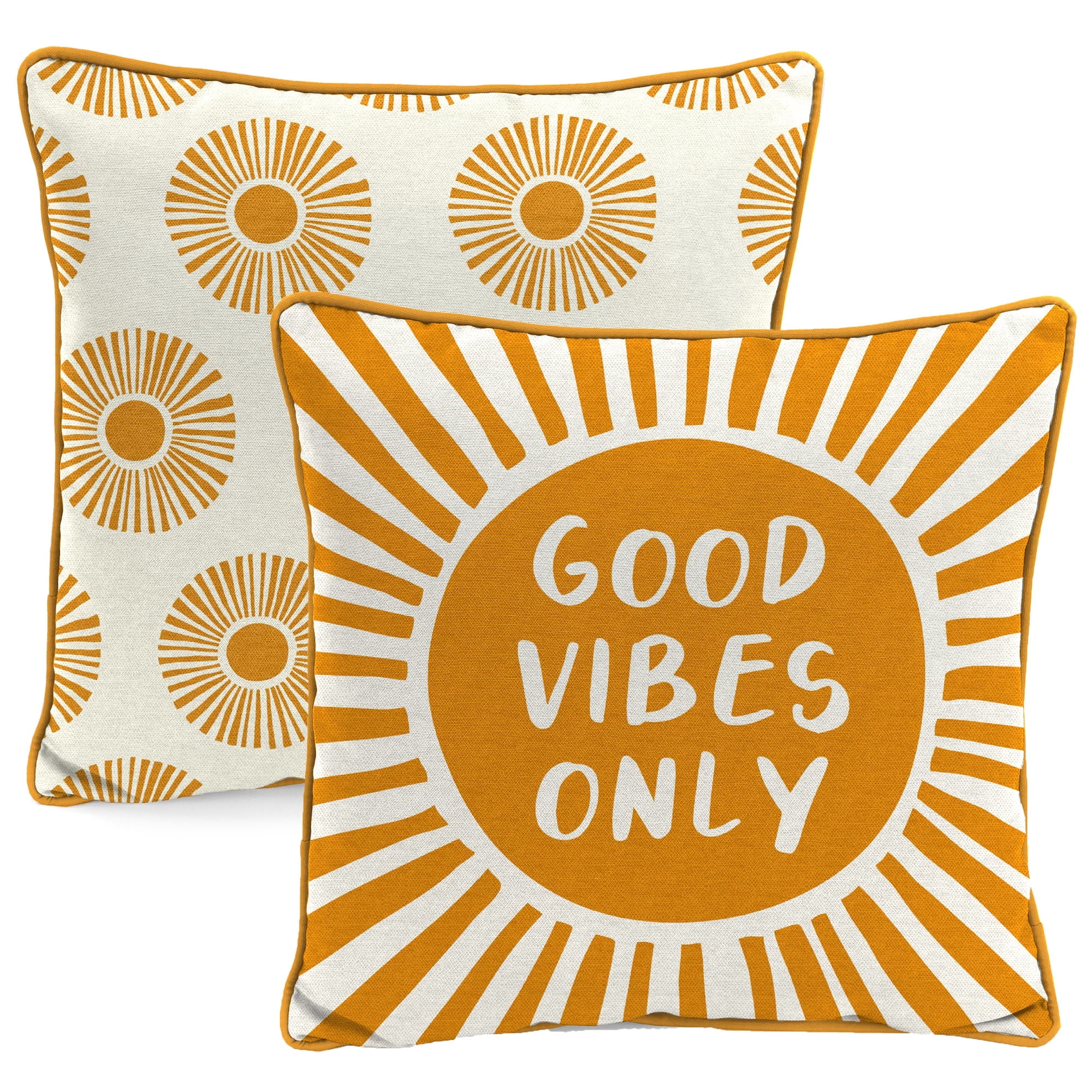 Jordan Manufacturing 16" x 16" Good Vibes Only Orange Novelty and Medallion Reversible Square Outdoor Throw Pillow (2 Pack)