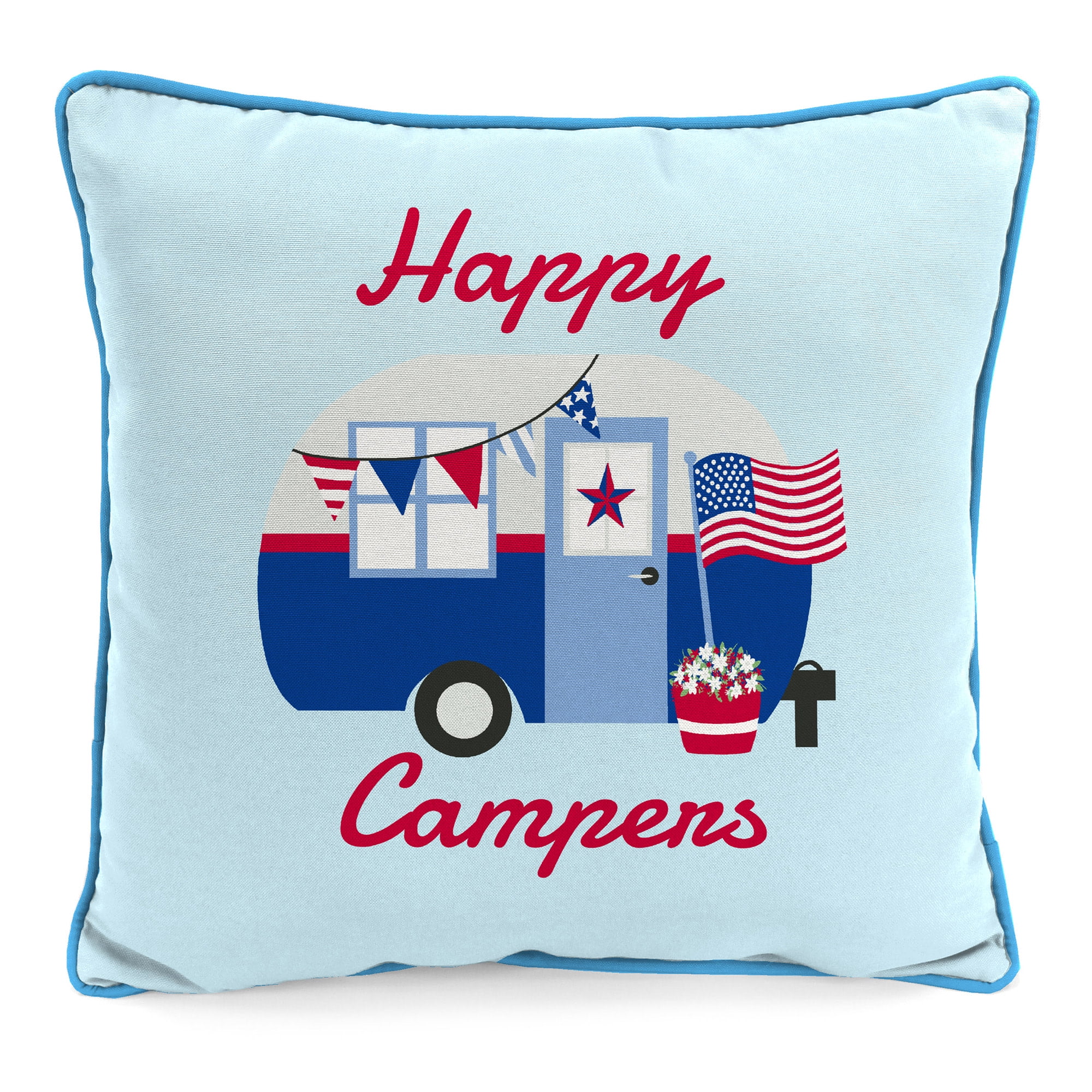 Jordan Manufacturing 16" x 16" Happy Campers USA Light Blue Novelty Square Outdoor Throw Pillow with Welt