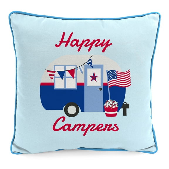 Jordan Manufacturing 16" x 16" Happy Campers USA Light Blue Novelty Square Outdoor Throw Pillow with Welt