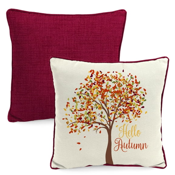 Jordan Manufacturing 16" x 16" Hello Autumn Cream Tree and Merlot Solid Reversible Square Outdoor Throw Pillow with Welt