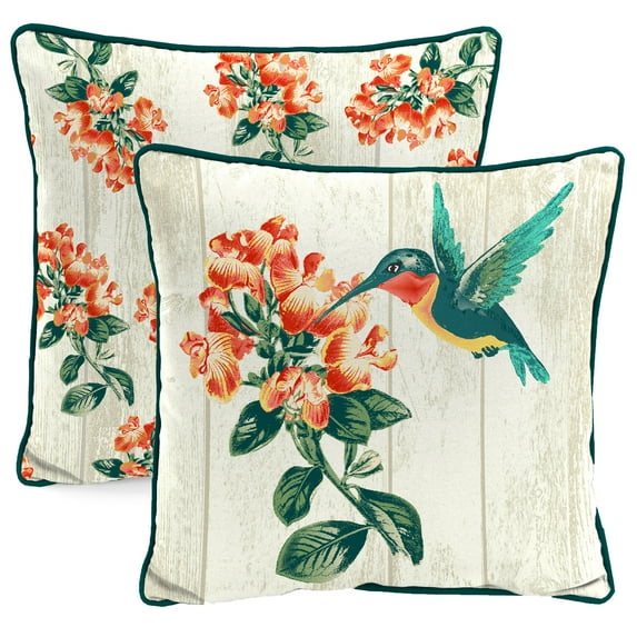 Jordan Manufacturing 16" x 16" Hummingbird Cream Bird and Multicolor Floral Reversible Square Outdoor Throw Pillow