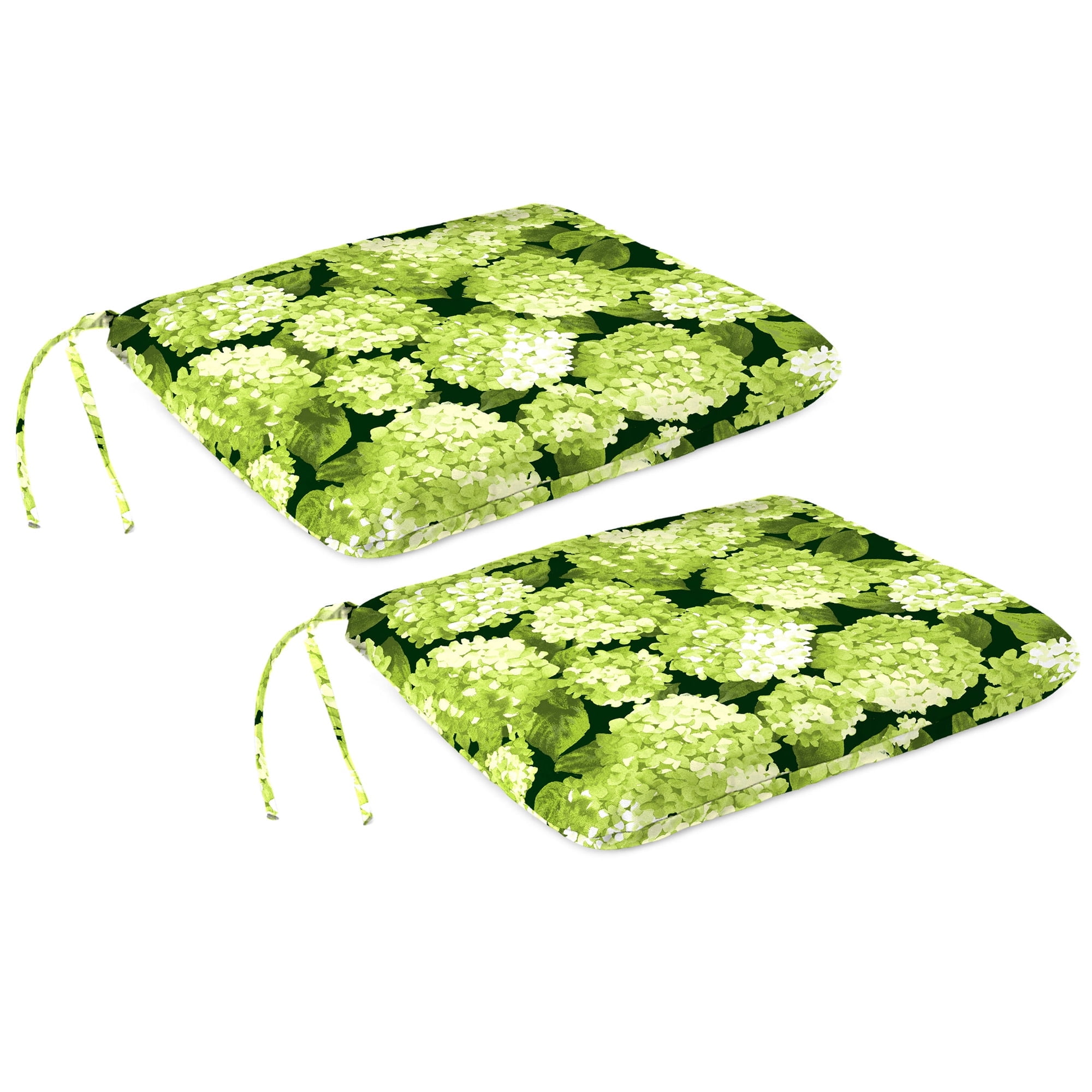 Jordan Manufacturing 16" x 16" Hydrangea Forest Green Floral Square Outdoor Chair Pad Seat Cushion with Ties (2 Pack)